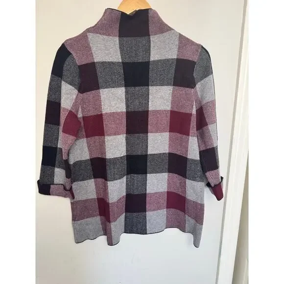 Tahari Mock Neck Sweater Women Size L Gray/Red Plaid Pullover Tartan Knit Top - Picture 2 of 8
